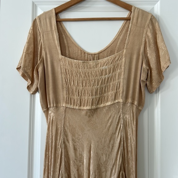 Boho Corset Crochet Golden Tan Embroidered V-Neck Dress w Sheer Insets - Picture 9 of 14